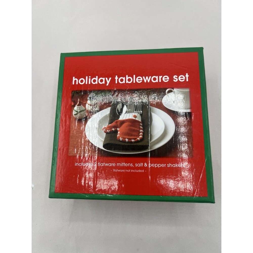 New CIB Holiday Tableware Set 2 Flatware Mittens & Snowmen Salt & Pepper Shakers